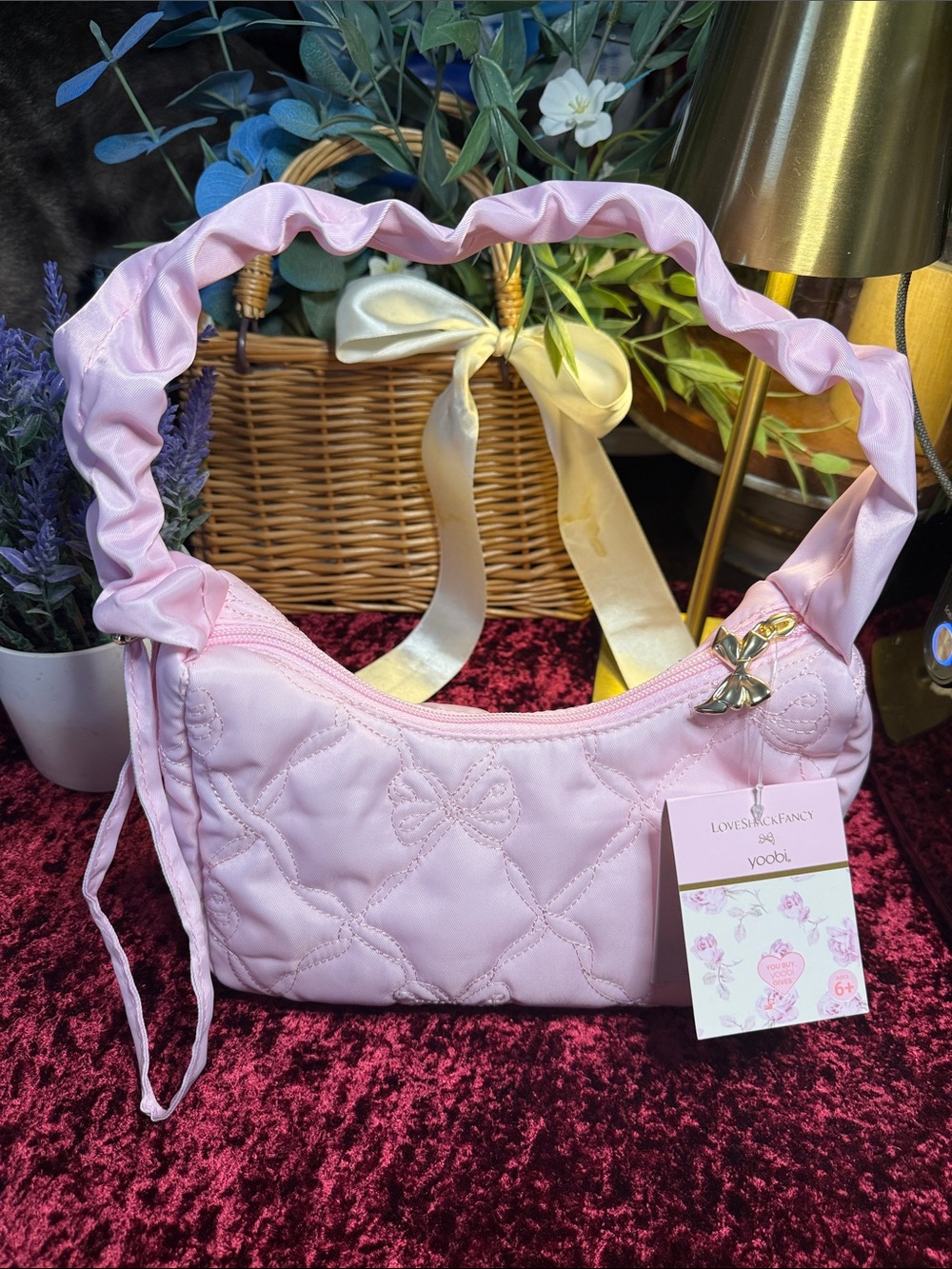 LoveShackFancy X Target Pink Quilted Bow Shoulder Bag with Ruffled Handle
